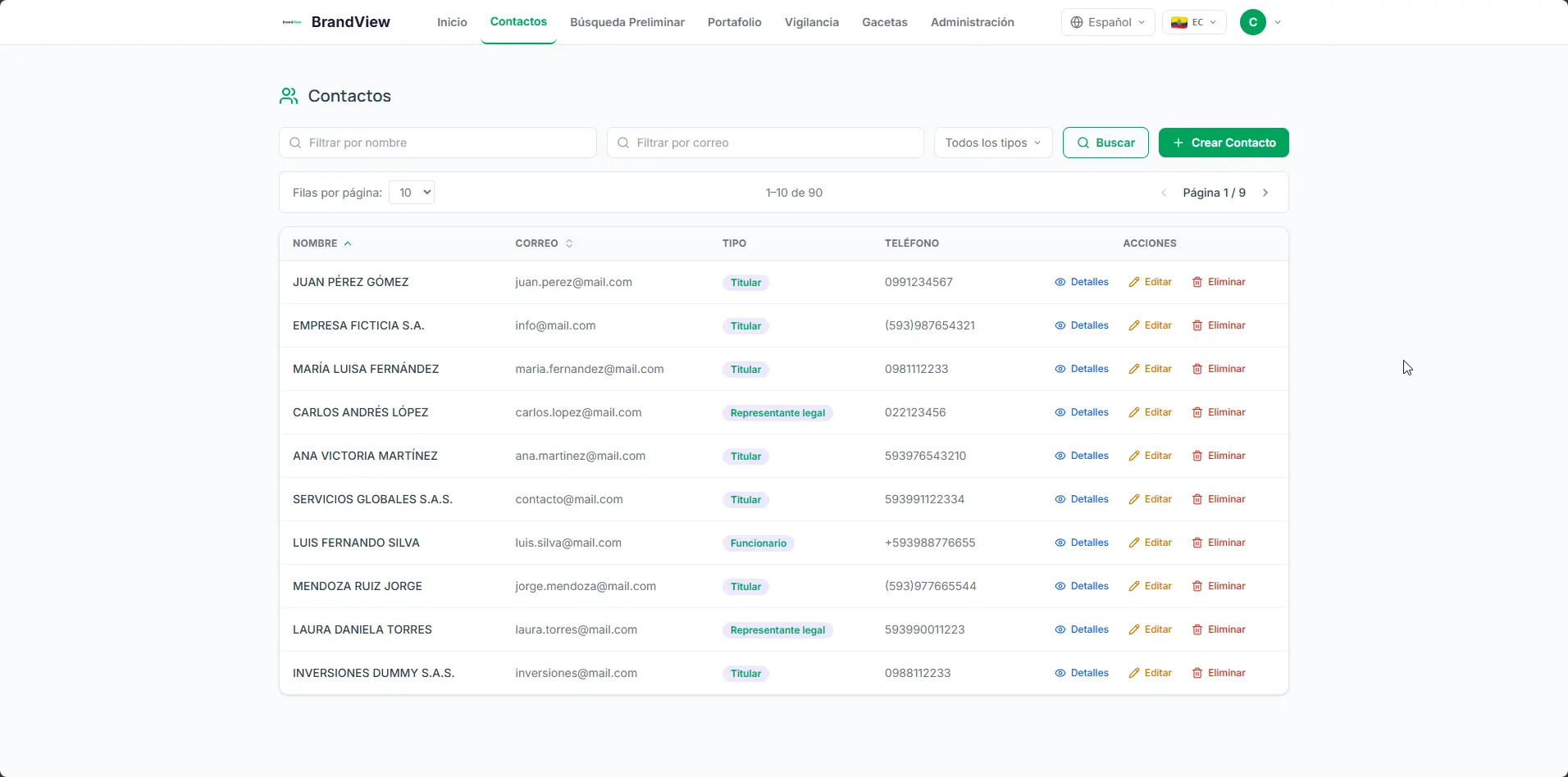 Vista de contactos de BrandView con la ficha de un cliente