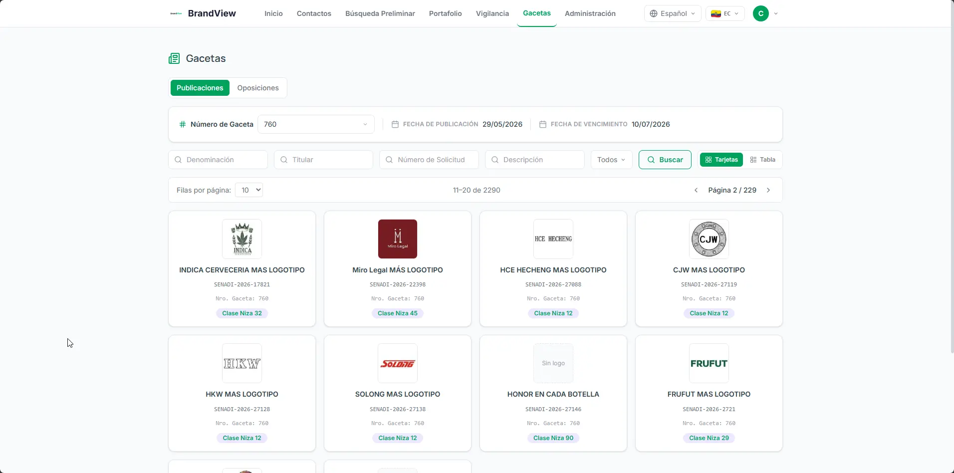 Pantalla de gacetas de BrandView mostrando publicaciones oficiales monitoreadas