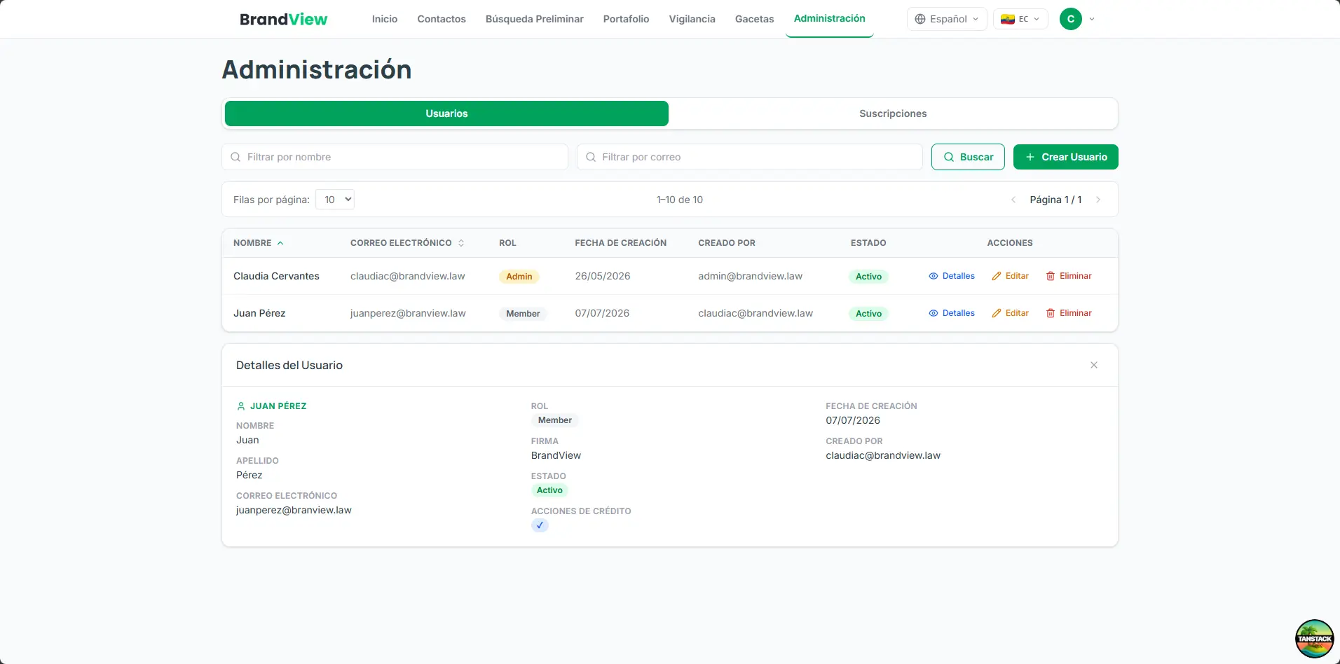 Panel de administración de BrandView con usuarios y planes — image 2
