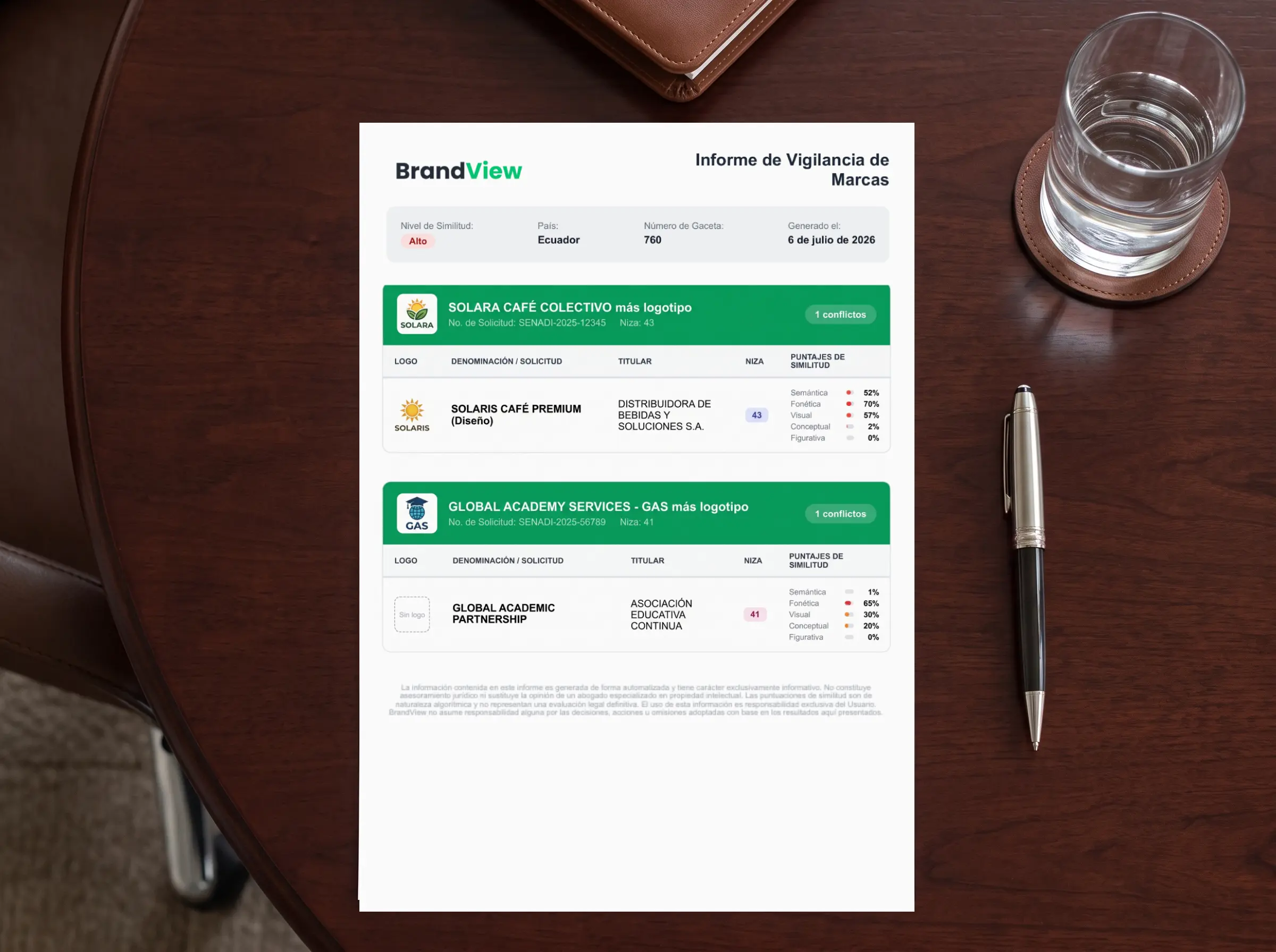 Pantalla de reportes de BrandView con un informe PDF exportable